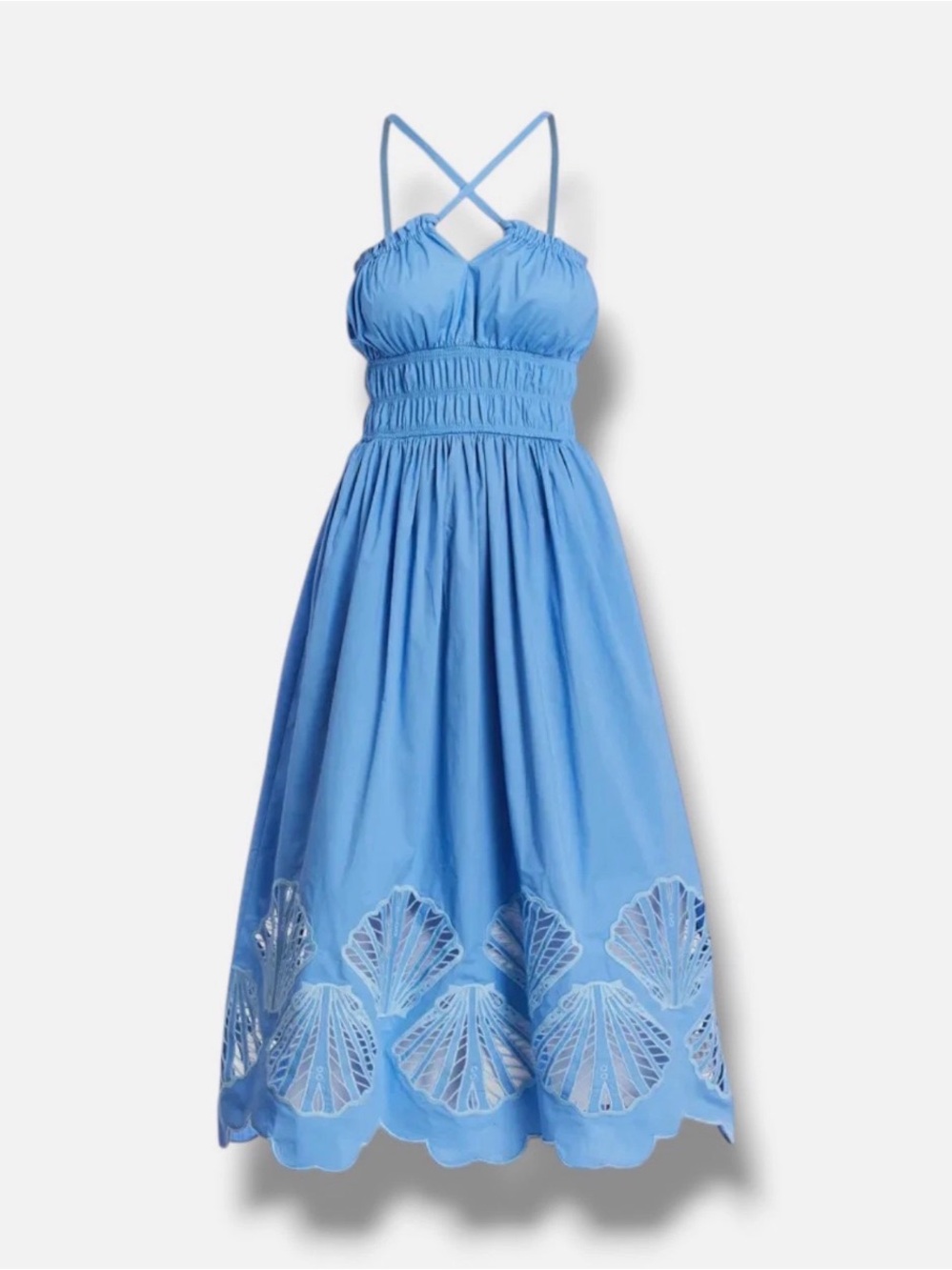 Smocked Blue Shell-Embroidered Midi Sundress